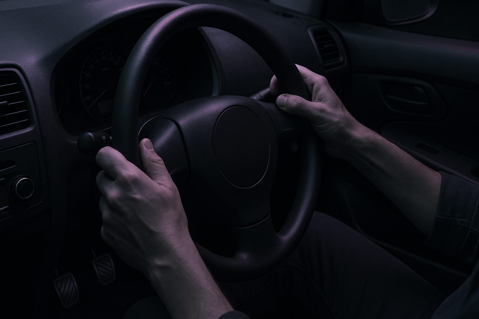 Mãos ao volante de um carro, num interior escuro: imagem de capa do caso da Escola de Condução Abadias