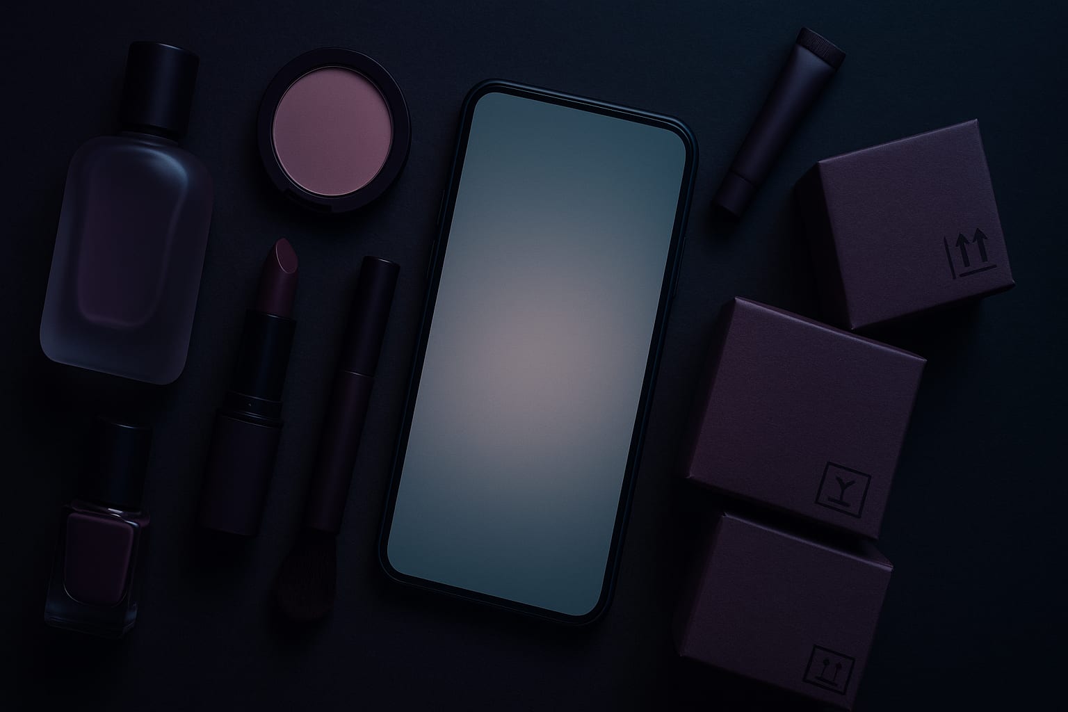 Telemóvel rodeado de batom, blush, perfume, verniz e caixas de encomenda em tons escuros, imagem do caso FBeauty