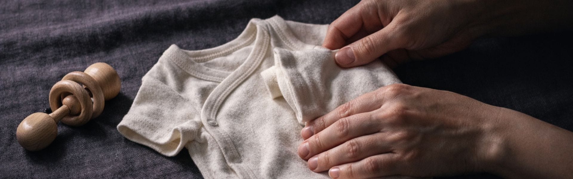 Mãos a dobrar um body de bebé em tecido claro, ao lado de um chocalho de madeira: imagem de capa do caso da Lojinha Bebe