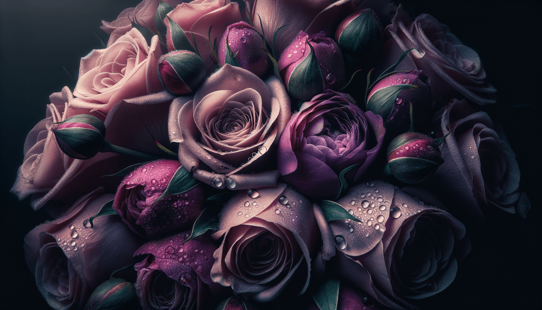 Ramo de rosas cor-de-rosa e roxas com gotas de água, imagem de capa do caso Luxflor