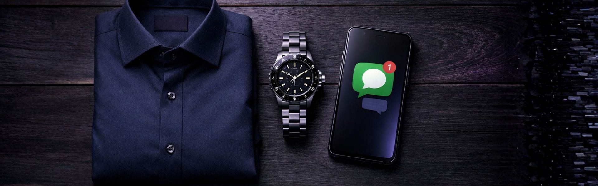 Camisa azul-escura dobrada, relógio de pulso e telemóvel com notificação de mensagem sobre uma mesa de madeira escura, imagem do caso ManInc