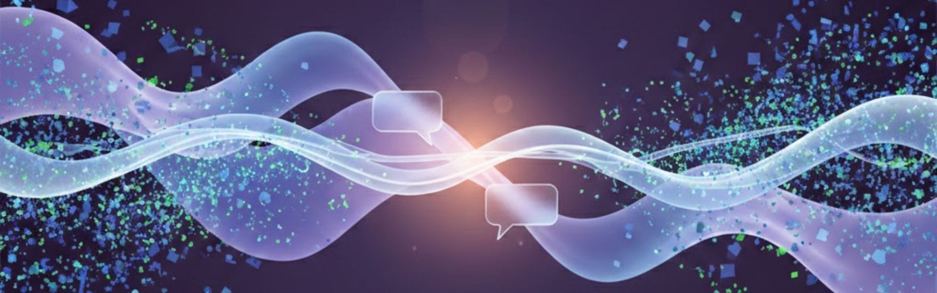 Ondas de luz lilás com dois balões de conversa, imagem do caso Now Fitness Studio
