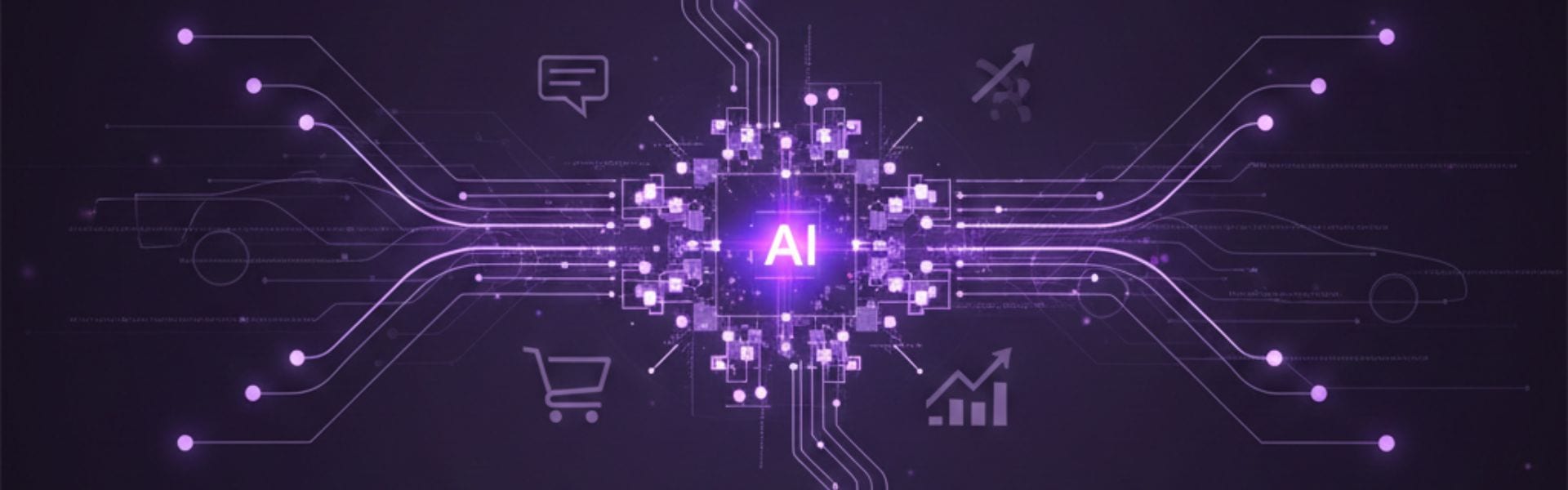 Ilustração de um circuito eletrónico com a sigla AI ao centro, rodeado de ícones de mensagem, carrinho de compras e gráfico de crescimento, imagem do caso Tec2Go