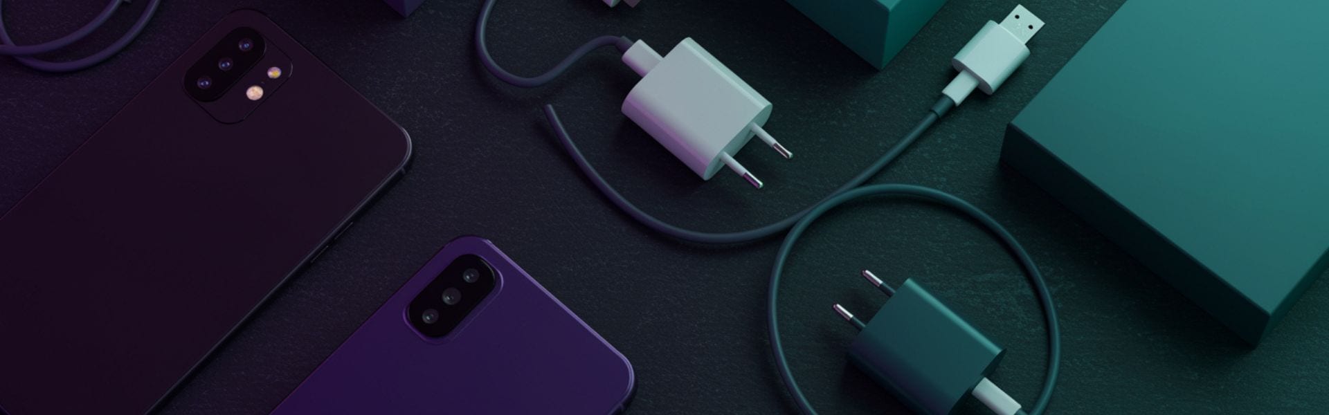 Dois smartphones, carregadores e cabos USB sobre uma superfície escura, imagem do caso Teclas da Vida
